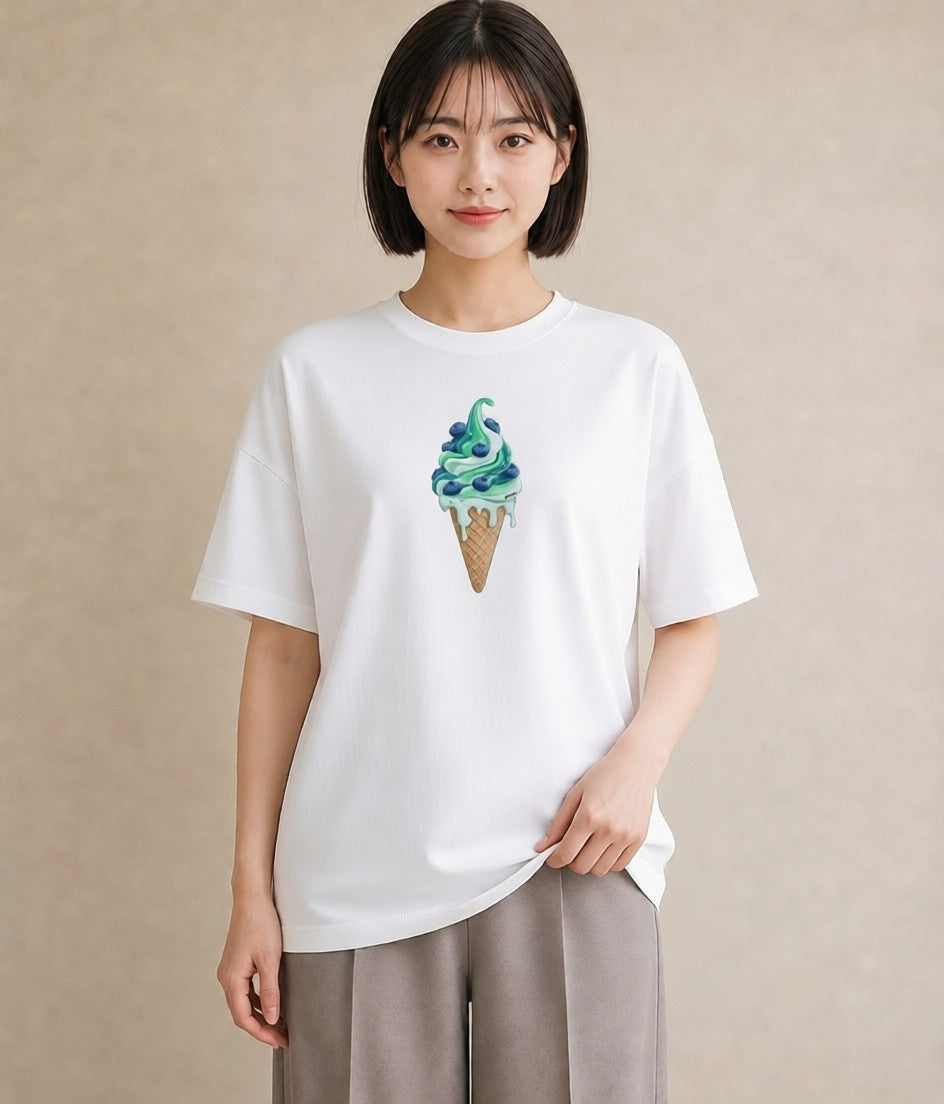 デザインTシャツ レディース ソフトクリーム 食べ物 フード イラスト レトロ 自分用 ルームウェア 白T