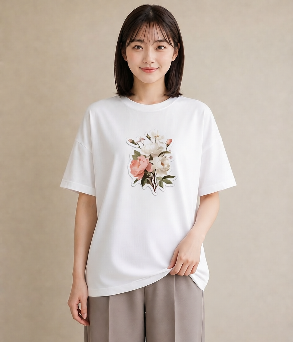 半袖Tシャツ レディース 牡丹 花 花柄 イラスト アート風 ミセス 春コーデ 白T