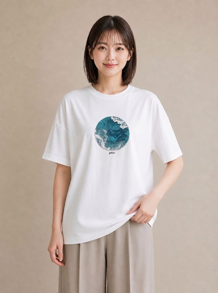 デザインTシャツ レディース 波 星空 宇宙 イラスト きれいめカジュアル 女性 旅行用 白T