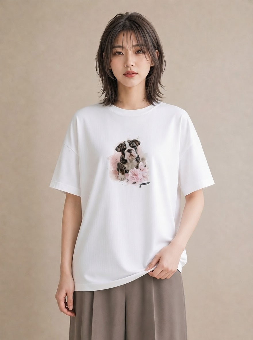 プリントTシャツ レディース フレンチブルドッグ フレブル 犬 いぬ イラスト 手描き風 デイリーウェア 休日 白T