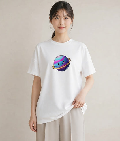 グラフィックTシャツ レディース 土星 星空 宇宙 イラスト 旅行コーデ 通勤 在宅 白T