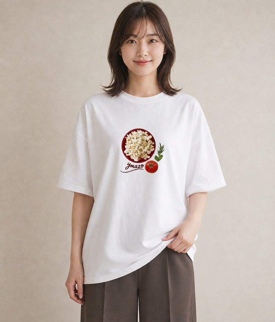 半袖Tシャツ レディース ポップコーン 食べ物 フード イラスト ヴィンテージ風 母の日 ビーチ 白T