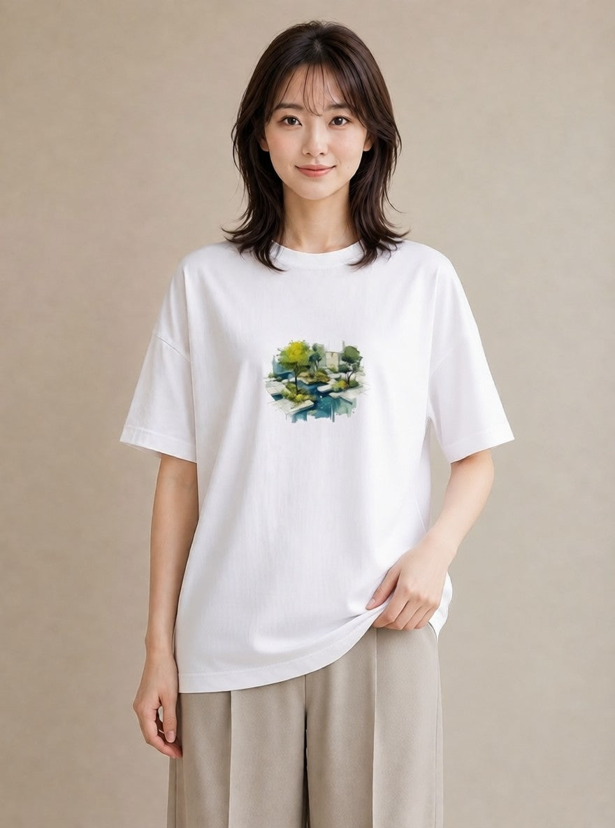 プリントTシャツ レディース 雨上がりのベンチ ベンチ ナチュラル アンティーク イラスト 可愛い 散歩 お出かけ 白T