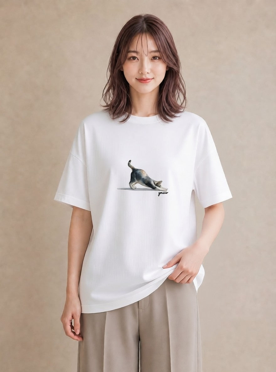 半袖Tシャツ レディース おすわり猫 猫 ねこ イラスト 淡色 送別ギフト 通勤 白T
