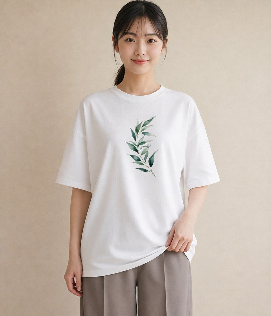 デザインTシャツ レディース シダ 植物 ボタニカル イラスト 抜け感 綿100 デート 白T