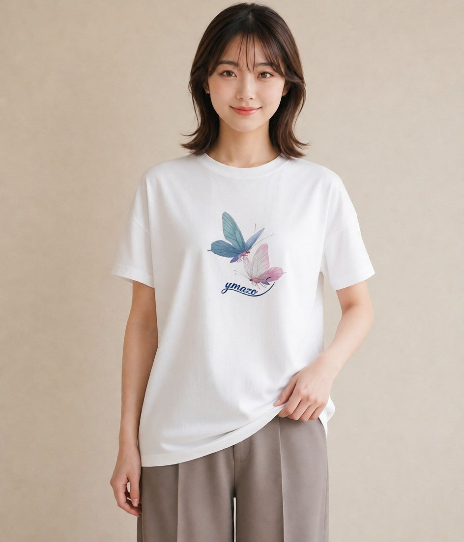 半袖Tシャツ レディース ちょうちょ 蝶 バタフライ 昆虫 虫 イラスト カフェコーデ 送別ギフト 通勤 白T