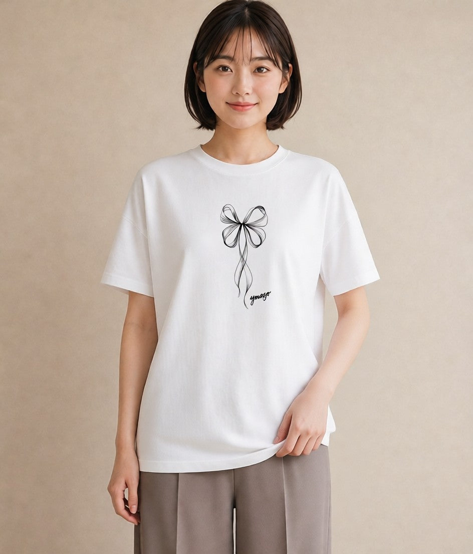Tシャツ レディース リボン ボウ りぼん イラスト 普段使い デート 帰省 白T