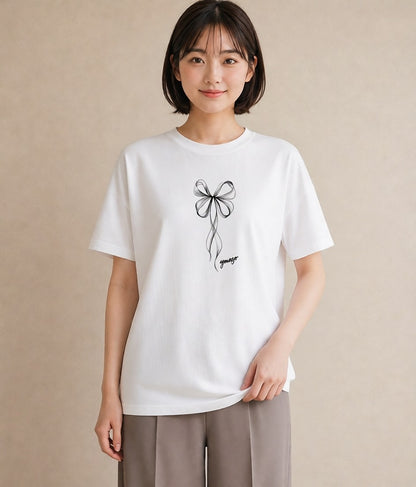 Tシャツ レディース リボン ボウ りぼん イラスト 普段使い デート 帰省 白T