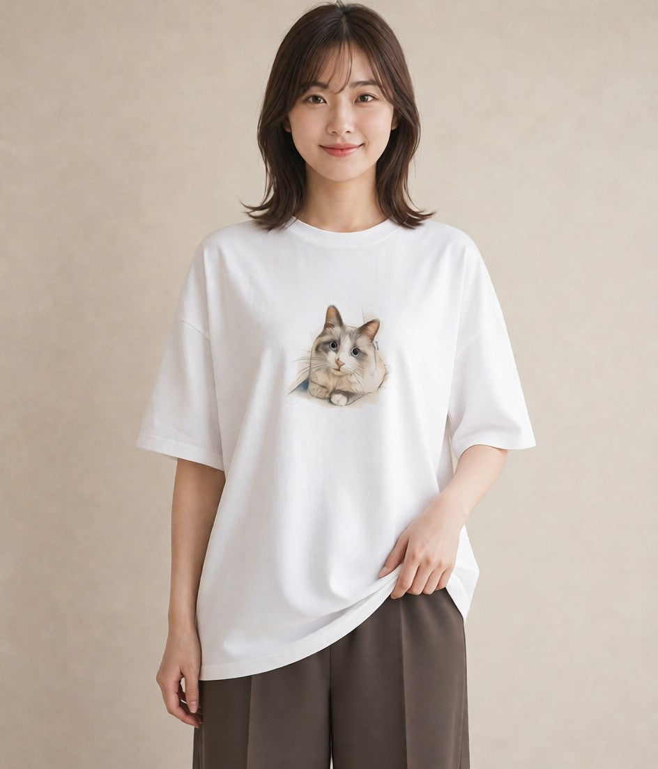 デザインTシャツ レディース ペルシャ 猫 ねこ イラスト ニュアンス 普段着 週末コーデ 白T