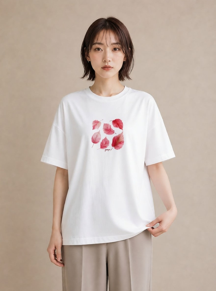 プリントTシャツ レディース 落ち葉 植物 ボタニカル イラスト こなれ感 春服 ミセス 白T