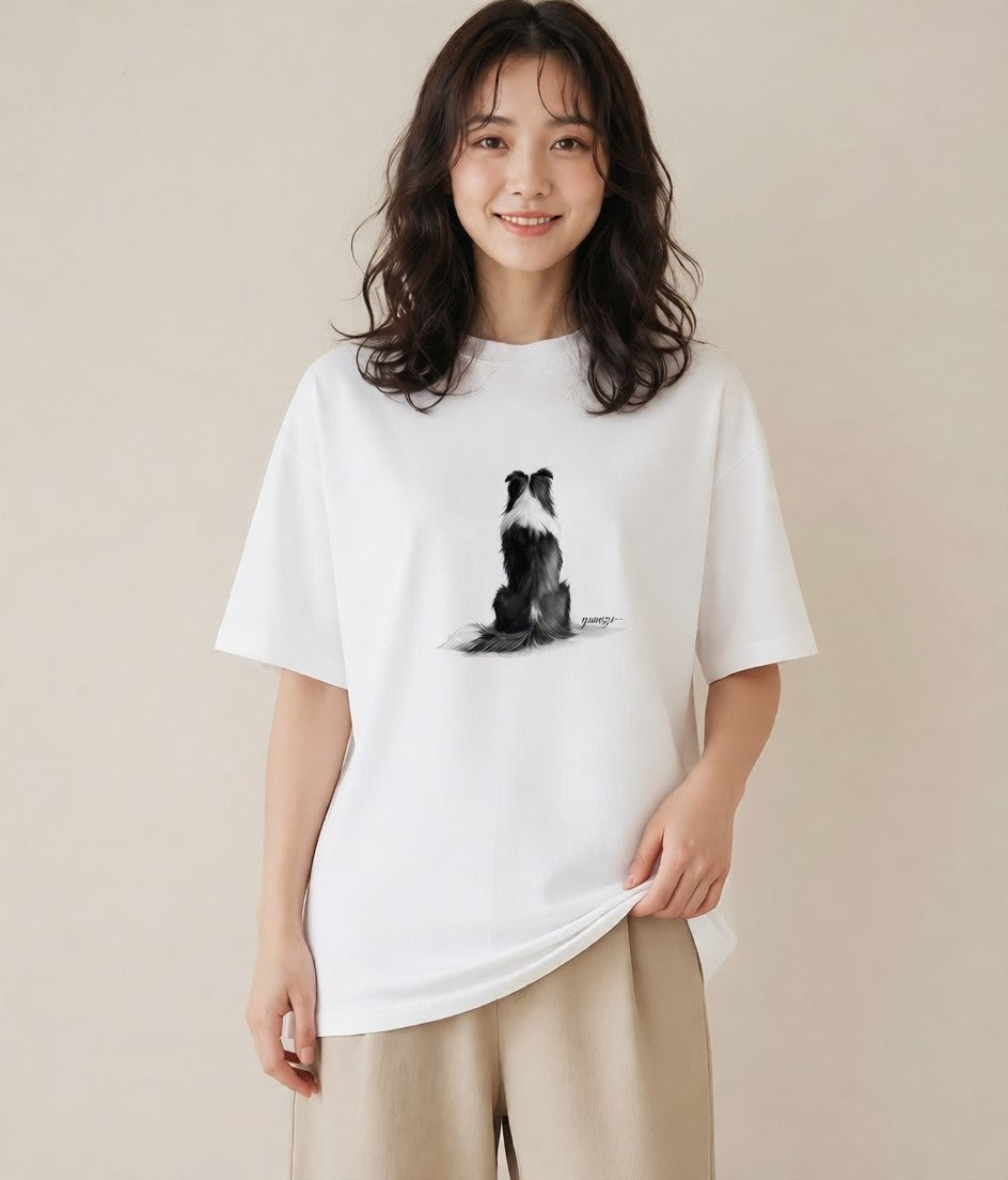 プリントTシャツ レディース ボーダーコリー 犬 いぬ イラスト 普段使い ペアコーデ 秋コーデ 白T