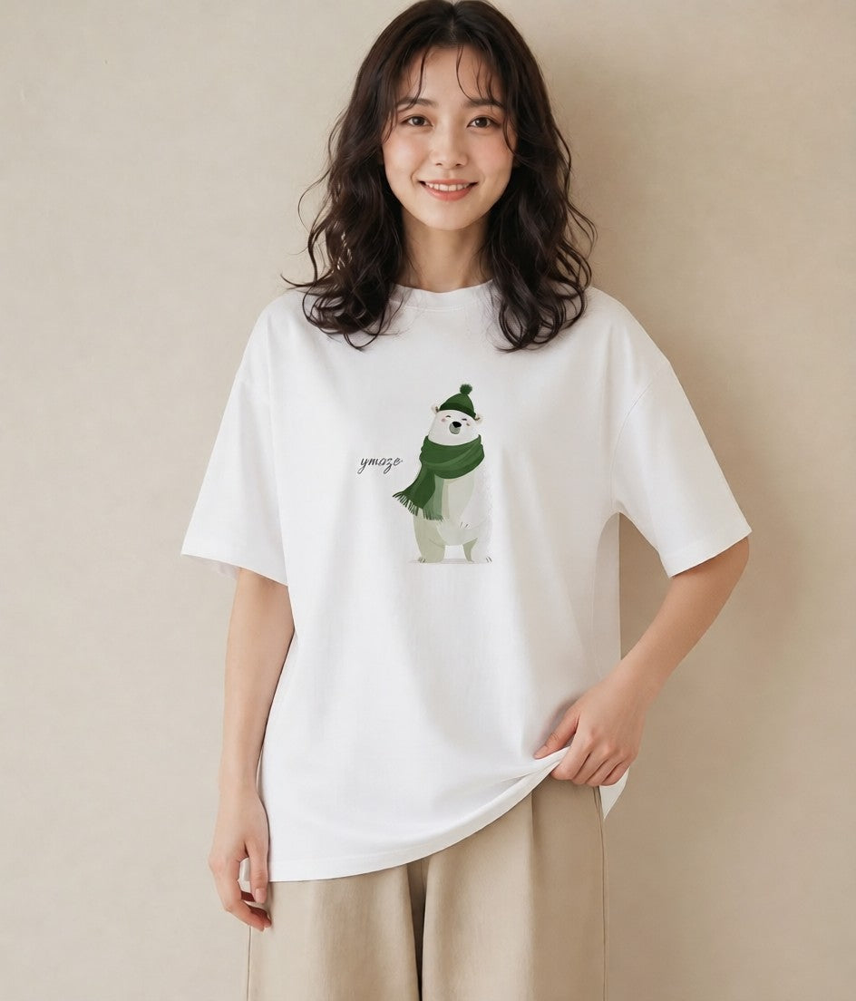 半袖Tシャツ レディース しろくま 白くま 動物 アニマル イラスト きれいめ 海 カフェ巡り 白T