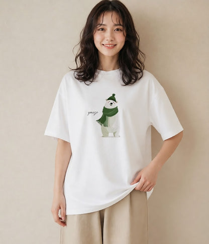半袖Tシャツ レディース しろくま 白くま 動物 アニマル イラスト きれいめ 海 カフェ巡り 白T