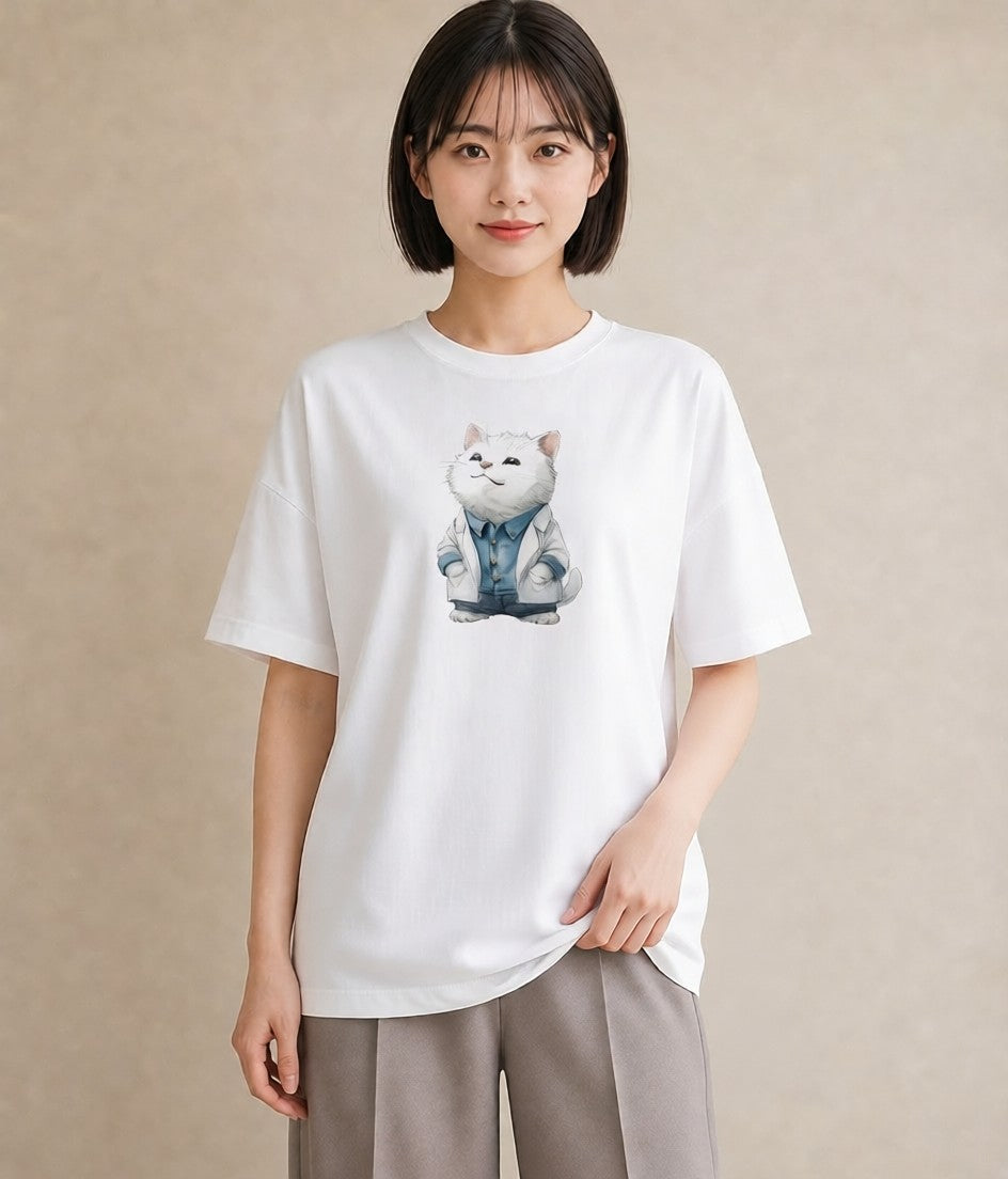 半袖Tシャツ レディース ペルシャ 猫 ねこ イラスト 抜け感 敬老の日 ホワイトデー 白T