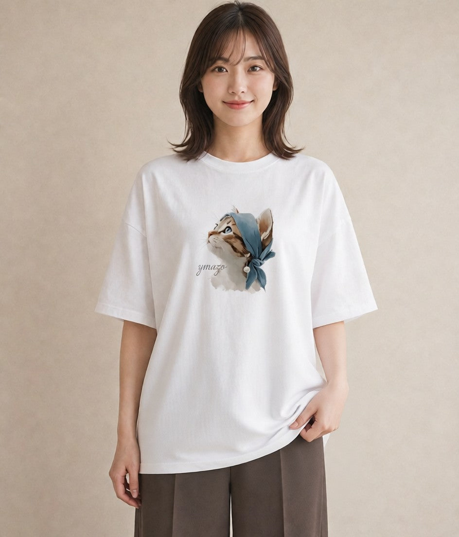 半袖Tシャツ レディース ねこ 猫 ネコ イラスト シンプル 敬老の日 ホワイトデー 白T