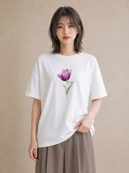Tシャツ レディース スミレ 花 花柄 イラスト 線画 旅行用 海 白T