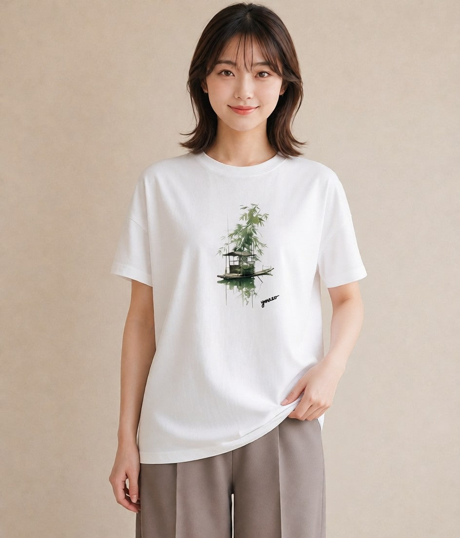 グラフィックTシャツ レディース 桟橋 水辺 波止場 ナチュラル アンティーク イラスト ゆるコーデ カフェ服 クリスマス 白T