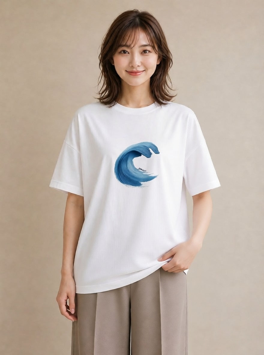 半袖Tシャツ レディース 波 星空 宇宙 イラスト 韓国風 週末コーデ 敬老の日 白T