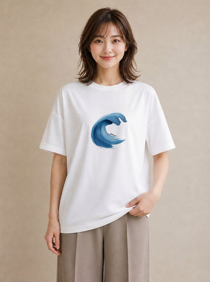 半袖Tシャツ レディース 波 星空 宇宙 イラスト 韓国風 週末コーデ 敬老の日 白T