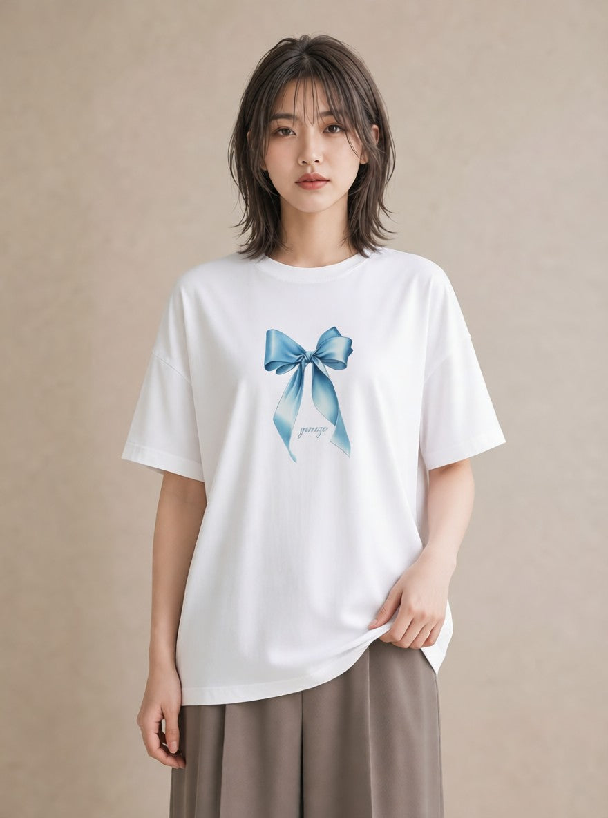 グラフィックTシャツ レディース リボン 蝶結び ナチュラル アンティーク イラスト ゆるかわ 女性 旅行用 白T