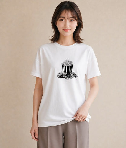 半袖Tシャツ レディース ポップコーン 食べ物 フード イラスト 個性的 帰省 ラフ 白T