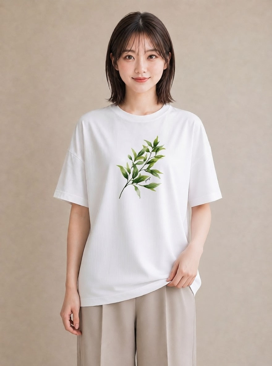 プリントTシャツ レディース 葉っぱ 植物 ボタニカル イラスト 抜け感 公園 ママ 白T