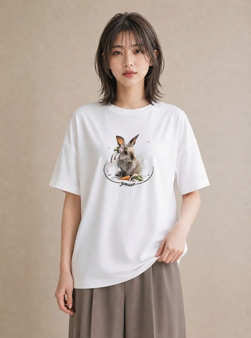 プリントTシャツ レディース うさぎ ウサギ ラビット ペット 動物 イラスト 韓国風 春服 ミセス 白T