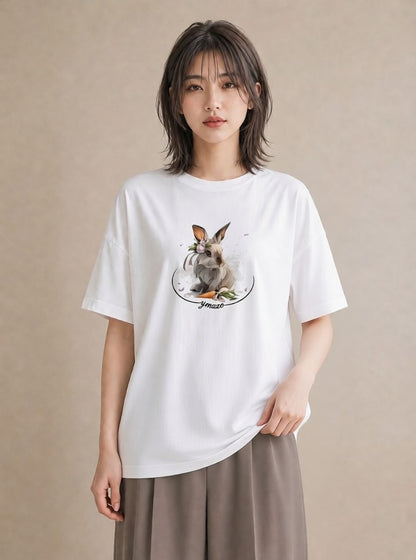 プリントTシャツ レディース うさぎ ウサギ ラビット ペット 動物 イラスト 韓国風 春服 ミセス 白T