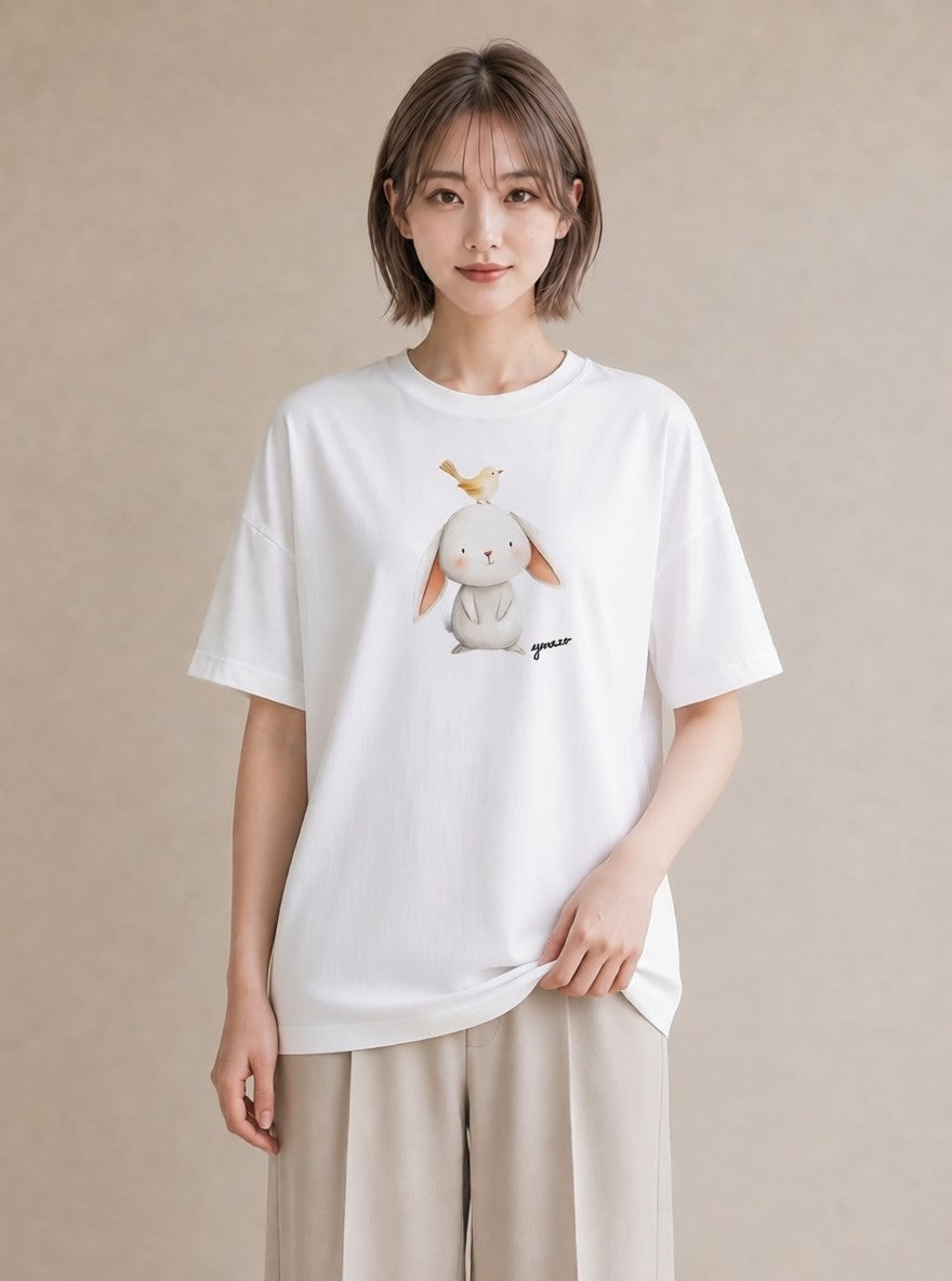 半袖Tシャツ レディース ミニうさぎ ペット 動物 イラスト 北欧風 週末コーデ 敬老の日 白T