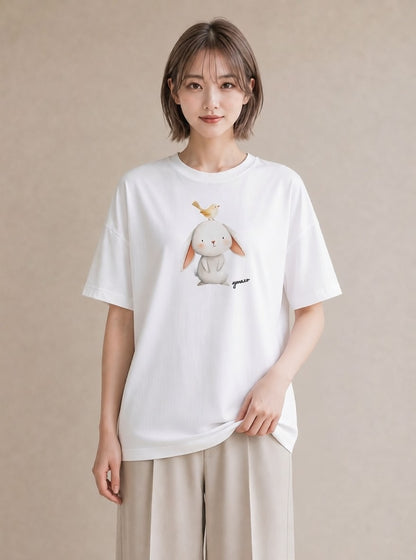 半袖Tシャツ レディース ミニうさぎ ペット 動物 イラスト 北欧風 週末コーデ 敬老の日 白T
