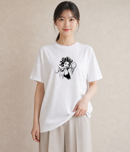 Tシャツ レディース 手鏡 アンティーク レトロ ナチュラル イラスト 北欧風 帰省 ラフ 白T