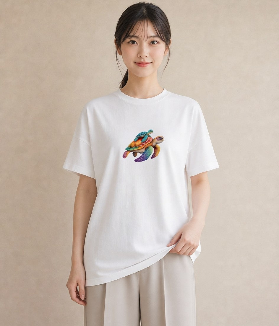 デザインTシャツ レディース カメ ペット 動物 イラスト 北欧風 お揃い 親子 白T