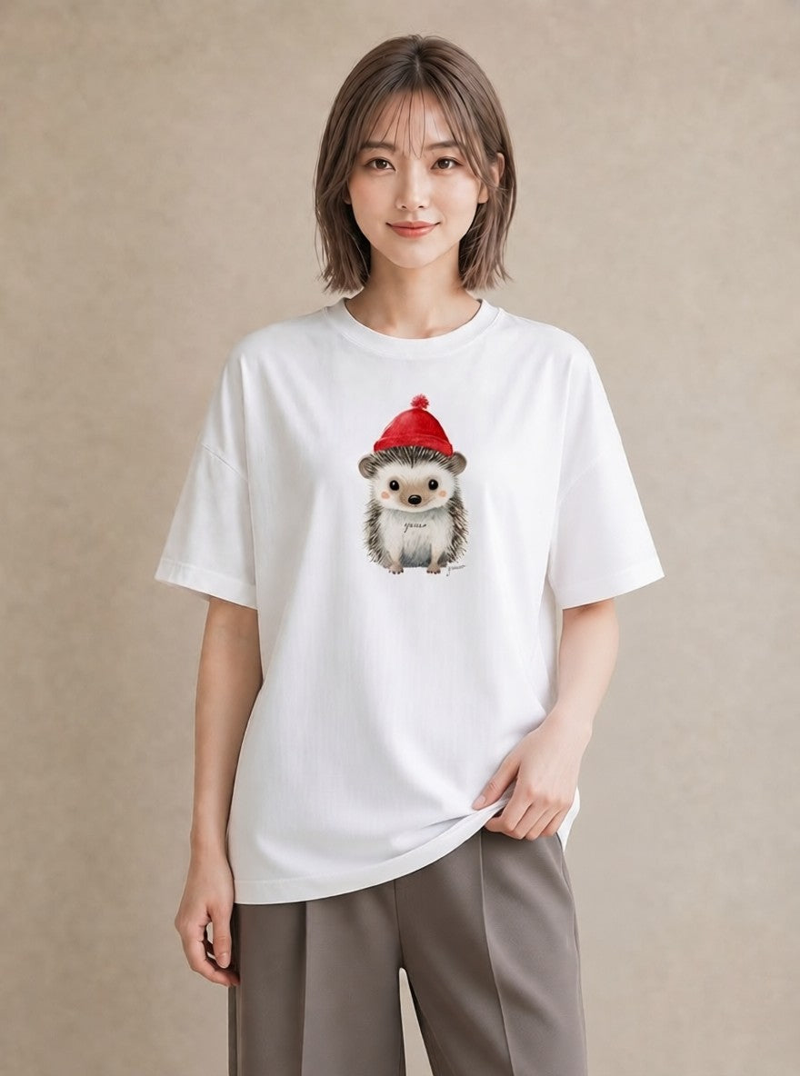 半袖Tシャツ レディース ハリネズミ ペット 動物 イラスト レトロ 公園 ママ 白T