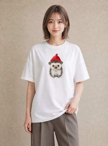 半袖Tシャツ レディース ハリネズミ ペット 動物 イラスト レトロ 公園 ママ 白T
