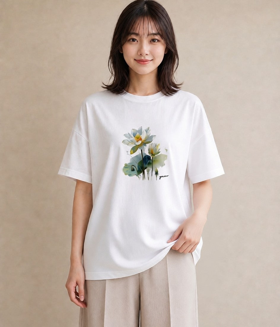 半袖Tシャツ レディース 蓮 花 花柄 イラスト 普段使い ホワイトデー 春服 白T