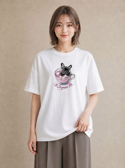 Tシャツ レディース フレンチブルドッグ フレブル 犬 いぬ イラスト レトロ 週末コーデ 敬老の日 白T