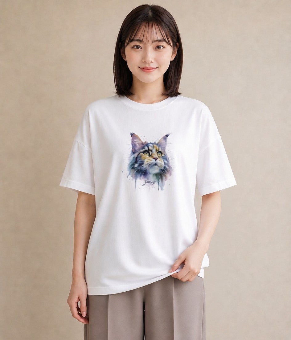 半袖Tシャツ レディース ペルシャ 猫 ねこ イラスト ガーリー 女性 旅行用 白T