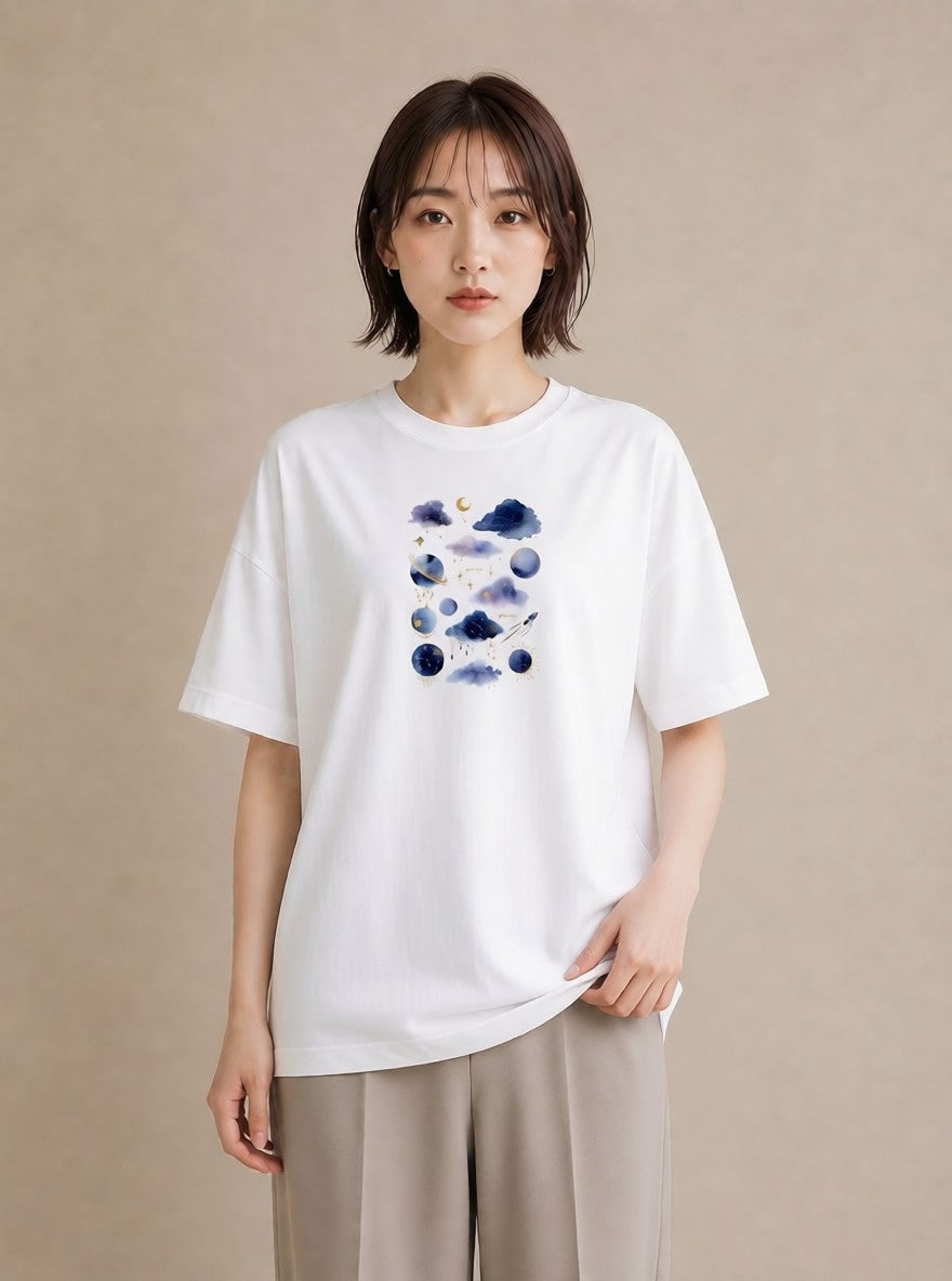 グラフィックTシャツ レディース 水瓶座 星空 宇宙 イラスト レトロ 女性 旅行用 白T