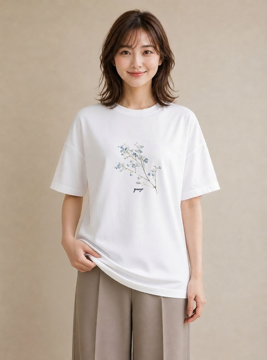 デザインTシャツ レディース カスミソウ かすみ草 花 花柄 イラスト 海 カフェ巡り 白T