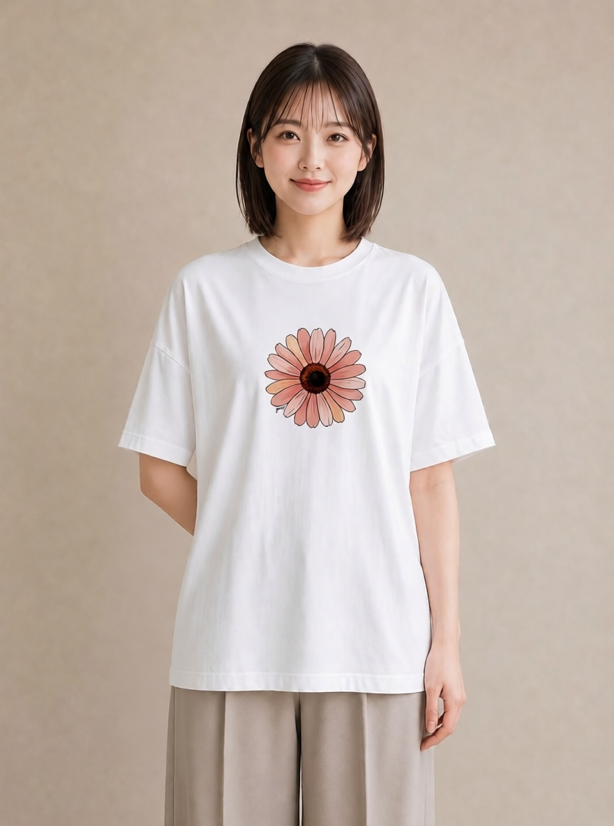 Tシャツ レディース ひまわり 向日葵 花 花柄 イラスト 帰省 ラフ 白T