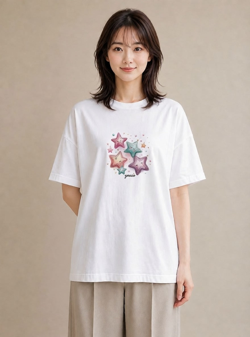 半袖Tシャツ レディース スター 星空 宇宙 イラスト ゆるかわ 女性向けギフト 散歩 白T