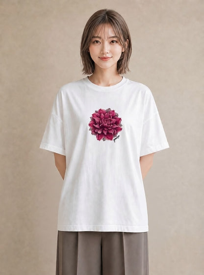 半袖Tシャツ レディース 牡丹 花 花柄 イラスト 休日コーデ 社会人 女性 白T