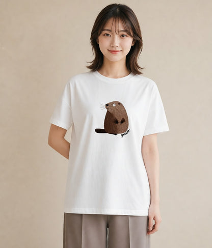 プリントTシャツ レディース カワウソ 動物 アニマル イラスト 北欧風 公園 ママ 白T
