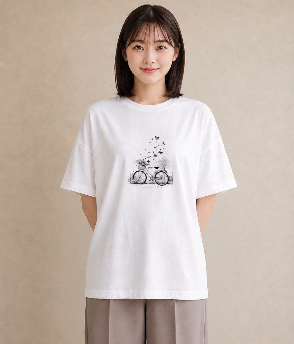 Tシャツ レディース 自転車のかご 自転車 花かご ナチュラル アンティーク イラスト 韓国風 散歩 お出かけ 白T