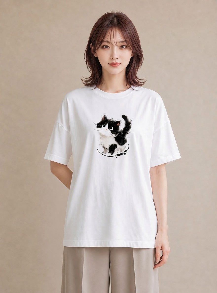 デザインTシャツ レディース ハチワレ 白黒猫 猫 ねこ イラスト 抜け感 デイリーウェア 休日 白T