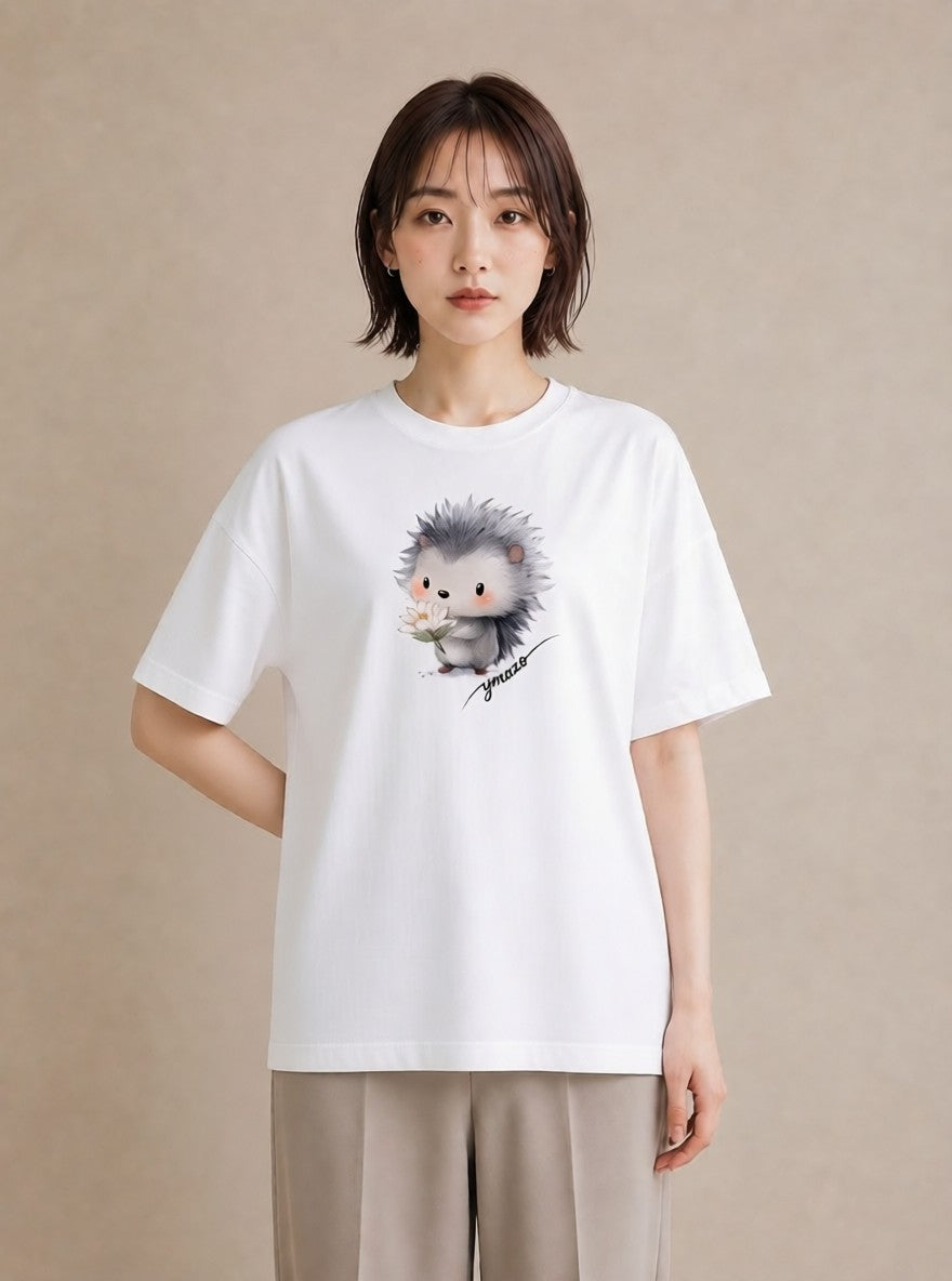 プリントTシャツ レディース ハリネズミ ペット 動物 イラスト 上品 春コーデ 姉妹 白T