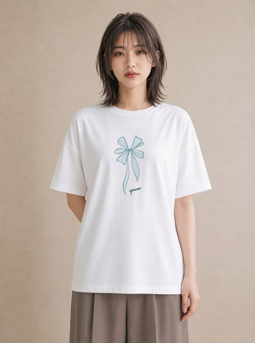 デザインTシャツ レディース リボン ボウ りぼん イラスト ラフ 公園 ママ 白T