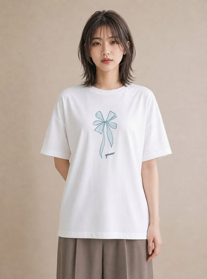 デザインTシャツ レディース リボン ボウ りぼん イラスト ラフ 公園 ママ 白T