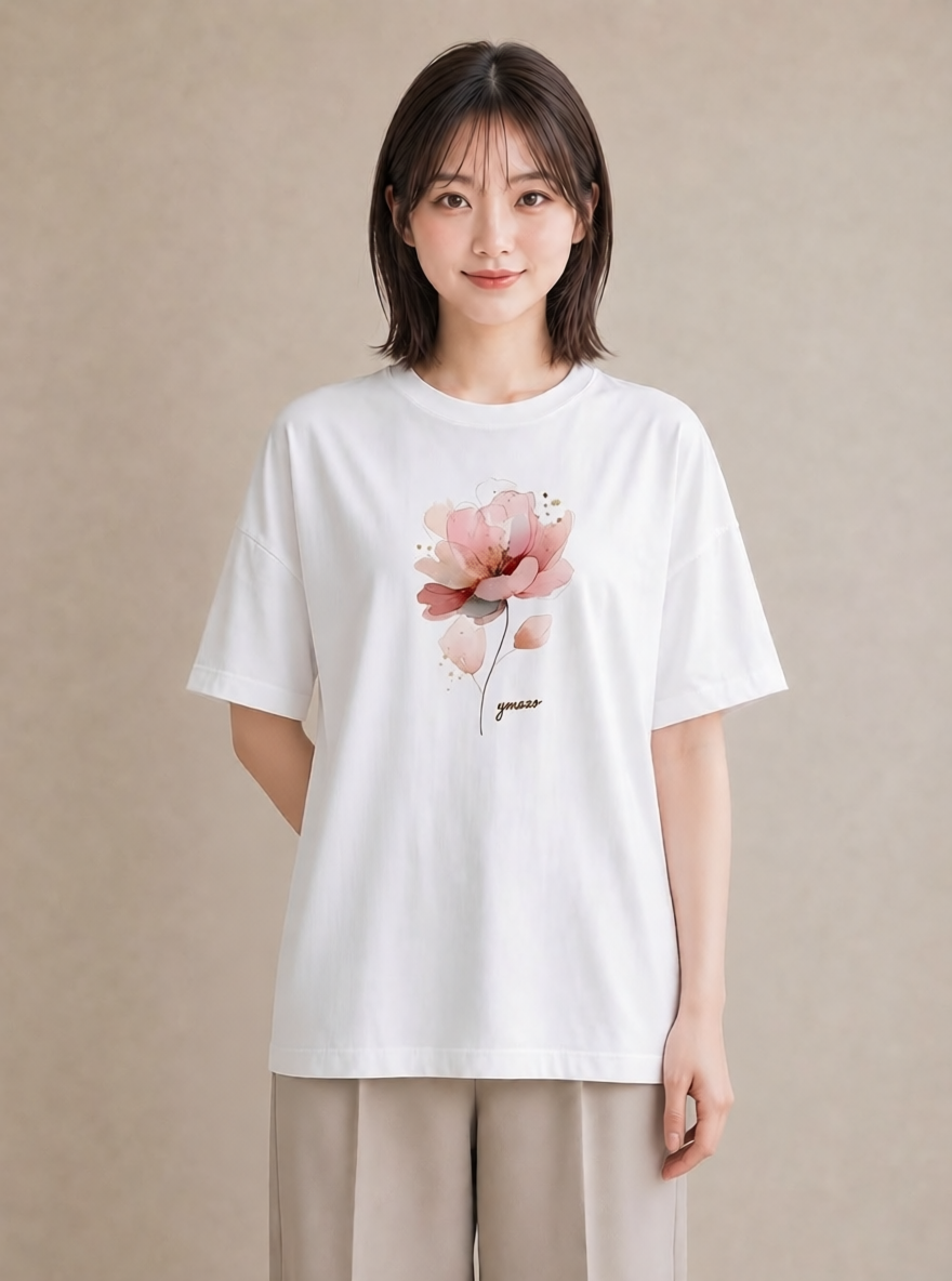 プリントTシャツ レディース 椿 花 花柄 イラスト 抜け感 送別ギフト 通勤 白T