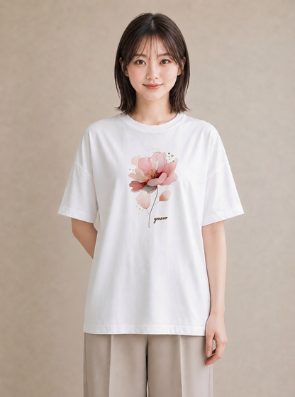 プリントTシャツ レディース 椿 花 花柄 イラスト 抜け感 送別ギフト 通勤 白T